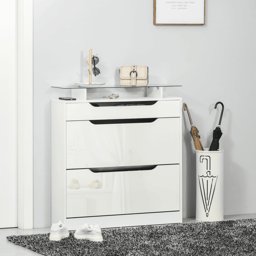 HOMCOM Móvel Sapateiro de 2 Portas Sapateiro Estreito para 16 Pares de Sapatos com Gaveta Prateleira Aberta e Bancada de Vidro para Corredor Entrada 89x23x96cm Branco