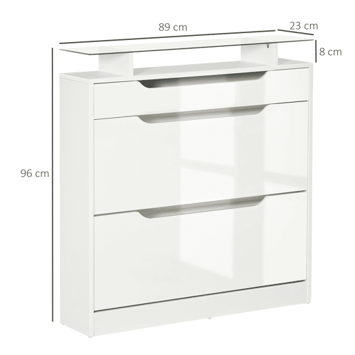 HOMCOM Móvel Sapateiro de 2 Portas Sapateiro Estreito para 16 Pares de Sapatos com Gaveta Prateleira Aberta e Bancada de Vidro para Corredor Entrada 89x23x96cm Branco