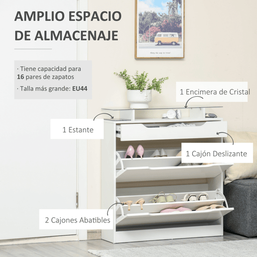 HOMCOM Móvel Sapateiro de 2 Portas Sapateiro Estreito para 16 Pares de Sapatos com Gaveta Prateleira Aberta e Bancada de Vidro para Corredor Entrada 89x23x96cm Branco
