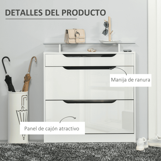 HOMCOM Móvel Sapateiro de 2 Portas Sapateiro Estreito para 16 Pares de Sapatos com Gaveta Prateleira Aberta e Bancada de Vidro para Corredor Entrada 89x23x96cm Branco