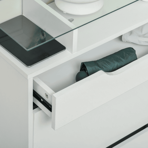 HOMCOM Móvel Sapateiro de 2 Portas Sapateiro Estreito para 16 Pares de Sapatos com Gaveta Prateleira Aberta e Bancada de Vidro para Corredor Entrada 89x23x96cm Branco