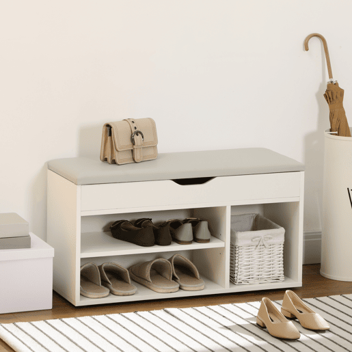 HOMCOM Sapateira com Assento Acolchoado para Entradas e Salões com 1 Gaveta e Prateleira de MDF 80x30x43cm Carga Máxima 120 kg Branco