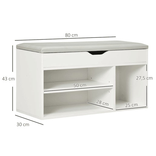 HOMCOM Sapateira com Assento Acolchoado para Entradas e Salões com 1 Gaveta e Prateleira de MDF 80x30x43cm Carga Máxima 120 kg Branco