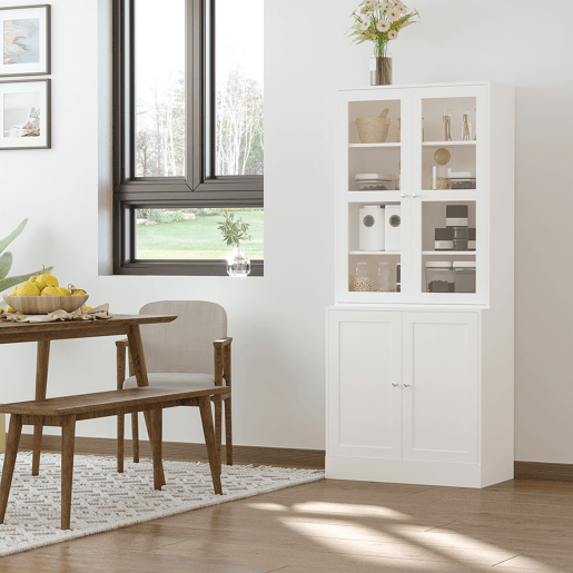 HOMCOM Vitrine para Sala de Estar Estante de Livros com 4 Portas e Prateleiras Superiores com Altura Ajustável Estilo Moderno Multiúso para Cozinha Escritório Dormitório 76x40x178,5 Branco