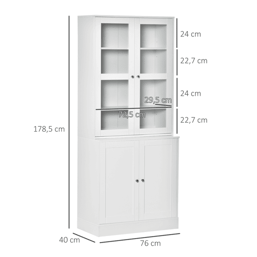 HOMCOM Vitrine para Sala de Estar Estante de Livros com 4 Portas e Prateleiras Superiores com Altura Ajustável Estilo Moderno Multiúso para Cozinha Escritório Dormitório 76x40x178,5 Branco