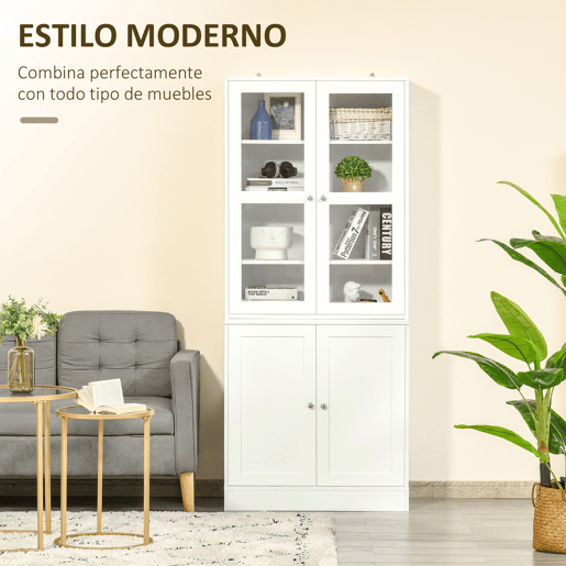 HOMCOM Vitrine para Sala de Estar Estante de Livros com 4 Portas e Prateleiras Superiores com Altura Ajustável Estilo Moderno Multiúso para Cozinha Escritório Dormitório 76x40x178,5 Branco