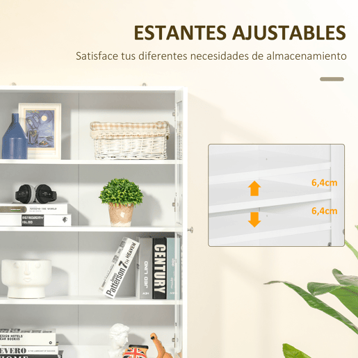 HOMCOM Vitrine para Sala de Estar Estante de Livros com 4 Portas e Prateleiras Superiores com Altura Ajustável Estilo Moderno Multiúso para Cozinha Escritório Dormitório 76x40x178,5 Branco
