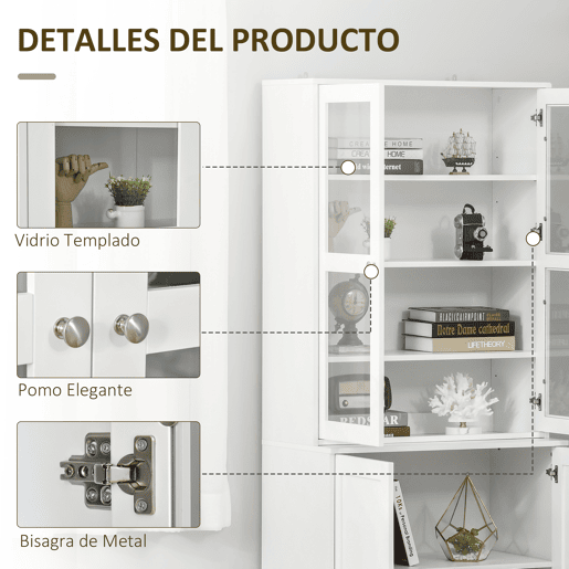 HOMCOM Vitrine para Sala de Estar Estante de Livros com 4 Portas e Prateleiras Superiores com Altura Ajustável Estilo Moderno Multiúso para Cozinha Escritório Dormitório 76x40x178,5 Branco