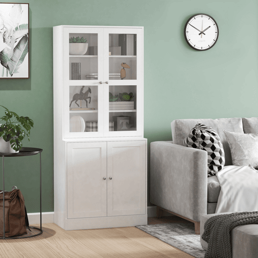 HOMCOM Vitrine para Sala de Estar Estante de Livros com 4 Portas e Prateleiras Superiores com Altura Ajustável Estilo Moderno Multiúso para Cozinha Escritório Dormitório 76x40x178,5 Branco