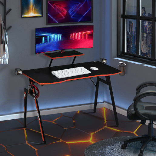 HOMCOM Mesa Gaming Ergonómica Secretária para Computador com Suporte para Monitor e Alto Falante Porta-Copos Gancho para Fones de Ouvido Fibra de Carbono 120x60x94,5 Preto