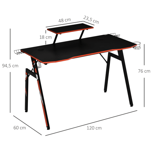 HOMCOM Mesa Gaming Ergonómica Secretária para Computador com Suporte para Monitor e Alto Falante Porta-Copos Gancho para Fones de Ouvido Fibra de Carbono 120x60x94,5 Preto