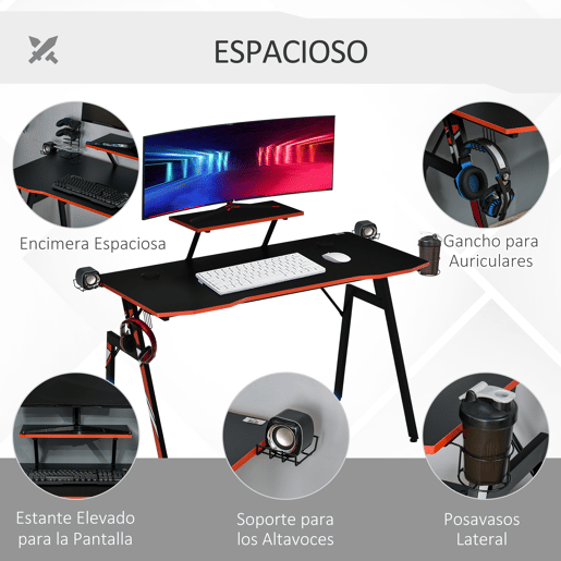 HOMCOM Mesa Gaming Ergonómica Secretária para Computador com Suporte para Monitor e Alto Falante Porta-Copos Gancho para Fones de Ouvido Fibra de Carbono 120x60x94,5 Preto