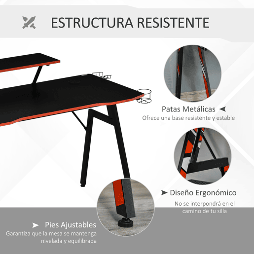 HOMCOM Mesa Gaming Ergonómica Secretária para Computador com Suporte para Monitor e Alto Falante Porta-Copos Gancho para Fones de Ouvido Fibra de Carbono 120x60x94,5 Preto