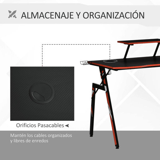 HOMCOM Mesa Gaming Ergonómica Secretária para Computador com Suporte para Monitor e Alto Falante Porta-Copos Gancho para Fones de Ouvido Fibra de Carbono 120x60x94,5 Preto