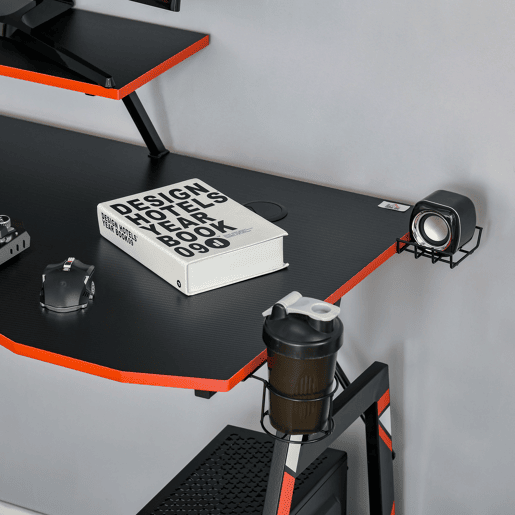 HOMCOM Mesa Gaming Ergonómica Secretária para Computador com Suporte para Monitor e Alto Falante Porta-Copos Gancho para Fones de Ouvido Fibra de Carbono 120x60x94,5 Preto