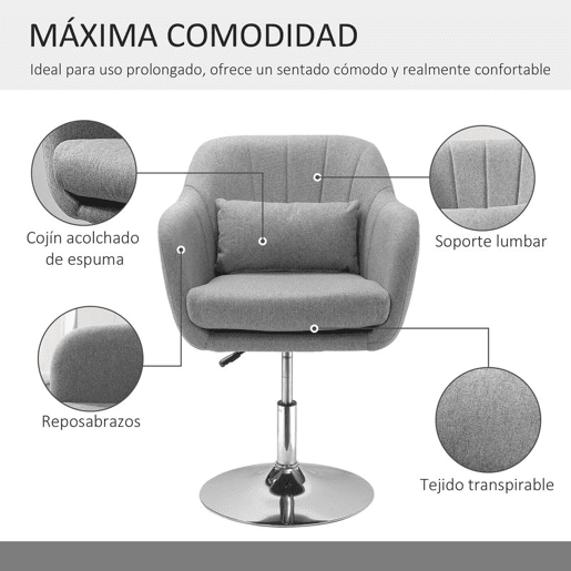 HOMCOM Cadeira de Escritório Operativa Giratória 360° Tamborete de Bar Cozinha Cabeleireiro com Encosto Envolvente Altura Ajustável Apoio para os Braços e Almofada 60x60x79-91cm Cinza