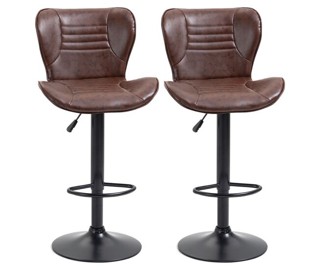 Homcom juego de 2 taburetes de bar tapizado en cuero sintético taburetes altos de comedor regulable en altura giratorio con respaldo y reposapiés 46,5x54x88-108 cm marrón