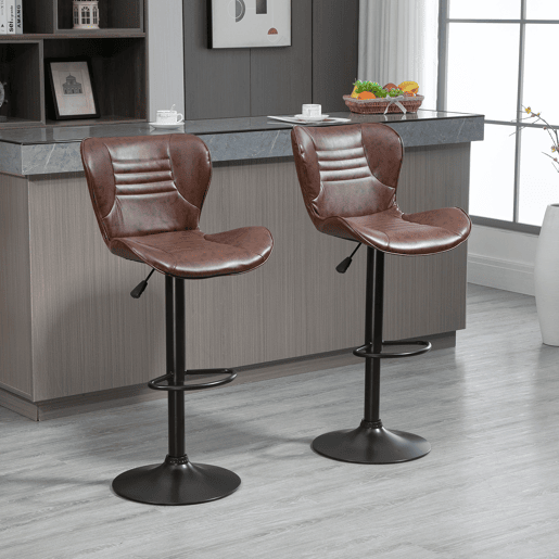 HOMCOM Conjunto de 2 Bancos de Bar Estofados em Couro Sintético Bancos Altos com Altura Ajustável Giratório com Encosto e Apoio para os Pés 46,5x54x88-108cm Marrom