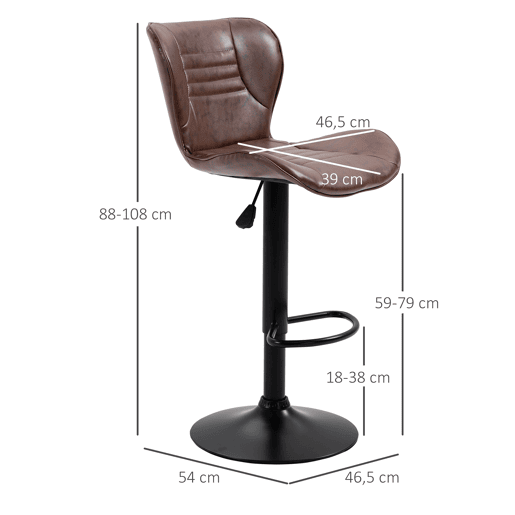 HOMCOM Conjunto de 2 Bancos de Bar Estofados em Couro Sintético Bancos Altos com Altura Ajustável Giratório com Encosto e Apoio para os Pés 46,5x54x88-108cm Marrom