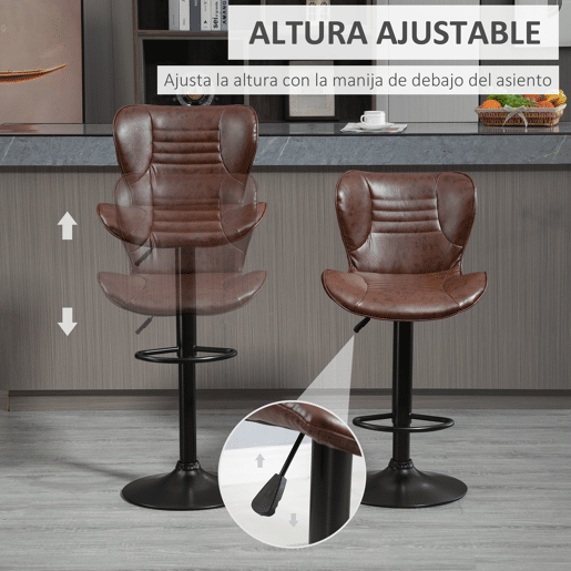 HOMCOM Conjunto de 2 Bancos de Bar Estofados em Couro Sintético Bancos Altos com Altura Ajustável Giratório com Encosto e Apoio para os Pés 46,5x54x88-108cm Marrom