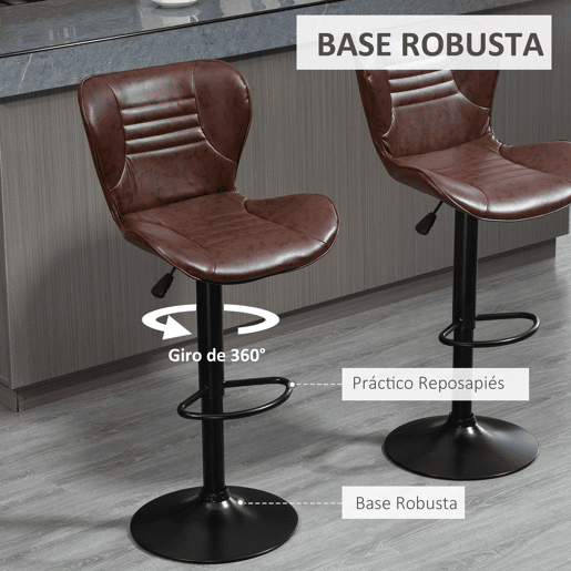 HOMCOM Conjunto de 2 Bancos de Bar Estofados em Couro Sintético Bancos Altos com Altura Ajustável Giratório com Encosto e Apoio para os Pés 46,5x54x88-108cm Marrom