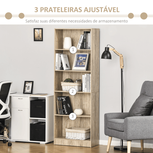 HOMCOM Estante para Livros de 5 Níveis com Prateleira Ajustável e Desenho Anti-Tombo Estante de Armazenamento para Sala de Estar Estúdio Escritório 63x29,5x176 cm Madeira HOMCOM Estante para Livros de 5 Níveis com Prateleira Ajustável e Desenho Anti-Tombo Estante de Armazenamento para Sala de Estar Estúdio Escritório 63x29,5x176 cm Madeira