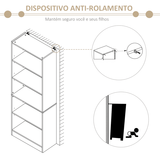 HOMCOM Estante para Livros de 5 Níveis com Prateleira Ajustável e Desenho Anti-Tombo Estante de Armazenamento para Sala de Estar Estúdio Escritório 63x29,5x176 cm Madeira HOMCOM Estante para Livros de 5 Níveis com Prateleira Ajustável e Desenho Anti-Tombo Estante de Armazenamento para Sala de Estar Estúdio Escritório 63x29,5x176 cm Madeira