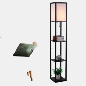 HOMCOM Candeeiro de Pé de Madeira com 3 Prateleiras De Armazenamento para Lâmpada E27 Potência Máx. 40W Candeeiro Moderno para Sala de Estar Dormitório 26x26x160cm Preto