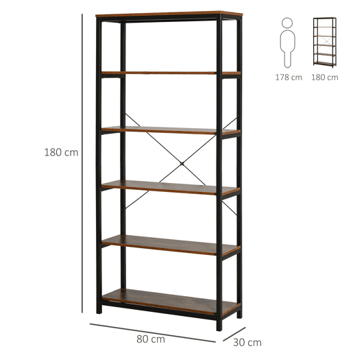 HOMCOM Estantes de estilo industrial com 6 prateleiras abertas para livros Armazenamento da sala de estar Escritório 80x30x180 cm Castanho Rústico HOMCOM Estantes de estilo industrial com 6 prateleiras abertas para livros Armazenamento da sala de estar Escritório 80x30x180 cm Castanho Rústico