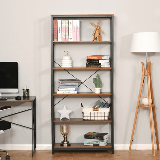 HOMCOM Estantes de estilo industrial com 6 prateleiras abertas para livros Armazenamento da sala de estar Escritório 80x30x180 cm Castanho Rústico HOMCOM Estantes de estilo industrial com 6 prateleiras abertas para livros Armazenamento da sala de estar Escritório 80x30x180 cm Castanho Rústico