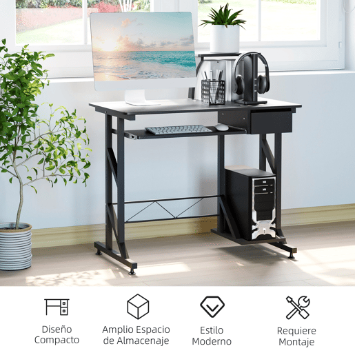 HOMCOM Mesa de Computador com 1 Gaveta Bandeja para Teclado e Suporte para CPU para Escritório Estúdio 90x50x95 cm Preto