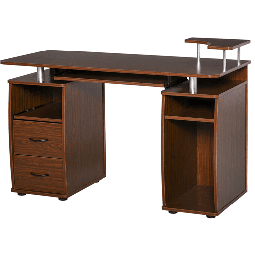 HOMCOM Secretária com Prateleiras Mesa de Computador com 2 Gavetas Bandeja para Teclado Deslizante e Suporte para Monitor e CPU para Escritório ou Estudo 120x55x85 cm Castanho