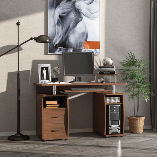 HOMCOM Secretária com Prateleiras Mesa de Computador com 2 Gavetas Bandeja para Teclado Deslizante e Suporte para Monitor e CPU para Escritório ou Estudo 120x55x85 cm Castanho