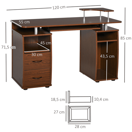 HOMCOM Secretária com Prateleiras Mesa de Computador com 2 Gavetas Bandeja para Teclado Deslizante e Suporte para Monitor e CPU para Escritório ou Estudo 120x55x85 cm Castanho