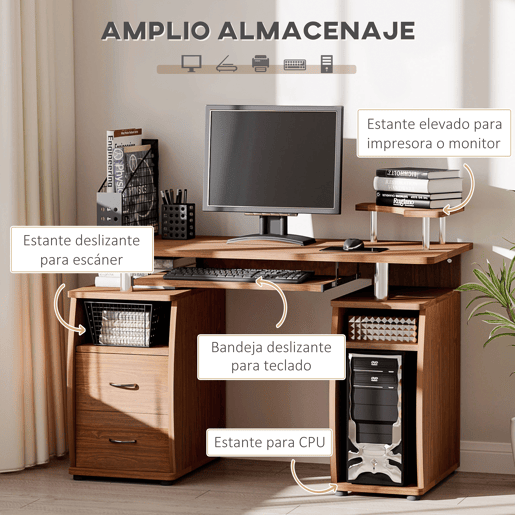 HOMCOM Secretária com Prateleiras Mesa de Computador com 2 Gavetas Bandeja para Teclado Deslizante e Suporte para Monitor e CPU para Escritório ou Estudo 120x55x85 cm Castanho