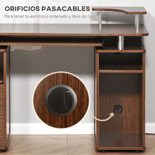 HOMCOM Secretária com Prateleiras Mesa de Computador com 2 Gavetas Bandeja para Teclado Deslizante e Suporte para Monitor e CPU para Escritório ou Estudo 120x55x85 cm Castanho