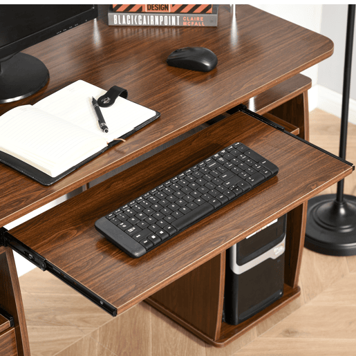 HOMCOM Secretária com Prateleiras Mesa de Computador com 2 Gavetas Bandeja para Teclado Deslizante e Suporte para Monitor e CPU para Escritório ou Estudo 120x55x85 cm Castanho