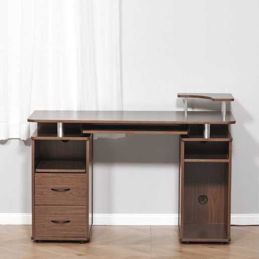 HOMCOM Secretária com Prateleiras Mesa de Computador com 2 Gavetas Bandeja para Teclado Deslizante e Suporte para Monitor e CPU para Escritório ou Estudo 120x55x85 cm Castanho