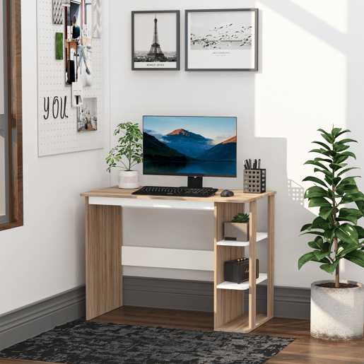 HOMCOM Secretária 2 em 1 com prateleira de 3 níveis Superfície Grande Amplo espaço de armazenamento 100x55x74 cm Madeira