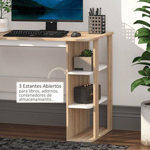 HOMCOM Secretária 2 em 1 com prateleira de 3 níveis Superfície Grande Amplo espaço de armazenamento 100x55x74 cm Madeira