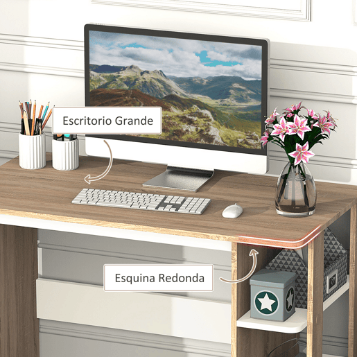 HOMCOM Secretária 2 em 1 com prateleira de 3 níveis Superfície Grande Amplo espaço de armazenamento 100x55x74 cm Madeira