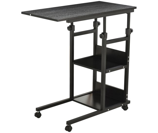 Homcom mesa auxiliar con ruedas 80x40 cm mesa para sofá en forma de c con altura ajustable 3 niveles de 72-82 cm marco de metal para salón cocina