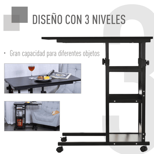 HOMCOM Mesa Lateral para Sofá Mesa lateral em Forma de C com 4 rodas Giratórias Freios Altura Ajustável 3 níveis Estrutura Metálica 80x40x72-82cm Preto HOMCOM Mesa Lateral para Sofá Mesa lateral em Forma de C com 4 rodas Giratórias Freios Altura Ajustável 3 níveis Estrutura Metálica 80x40x72-82cm Preto