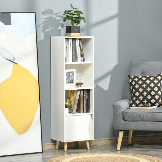 HOMCOM Estante com 3 Prateleiras Abertas e 1 Fechada com Porta Estante de Estilo Moderno para Armazenamento de Livros Brinquedos Plantas 40x30x129,5cm Branco