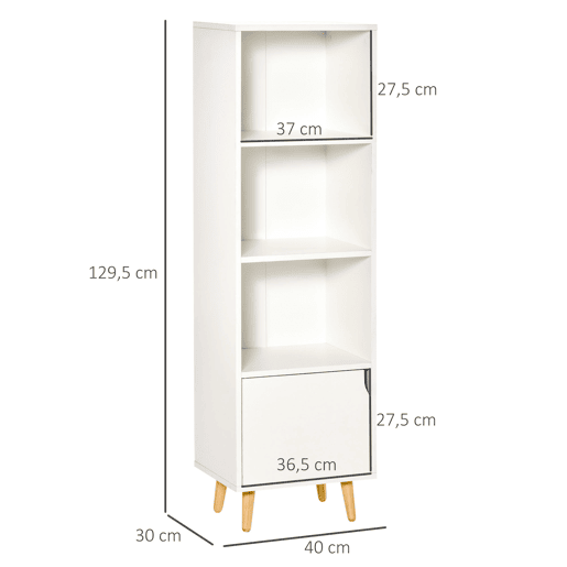 HOMCOM Estante com 3 Prateleiras Abertas e 1 Fechada com Porta Estante de Estilo Moderno para Armazenamento de Livros Brinquedos Plantas 40x30x129,5cm Branco