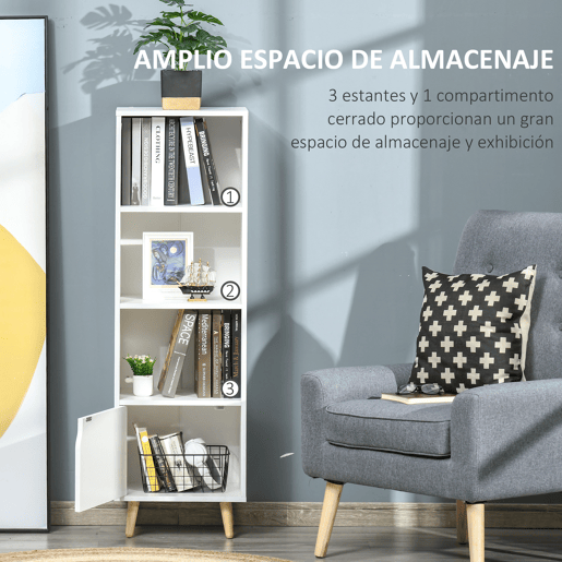 HOMCOM Estante com 3 Prateleiras Abertas e 1 Fechada com Porta Estante de Estilo Moderno para Armazenamento de Livros Brinquedos Plantas 40x30x129,5cm Branco