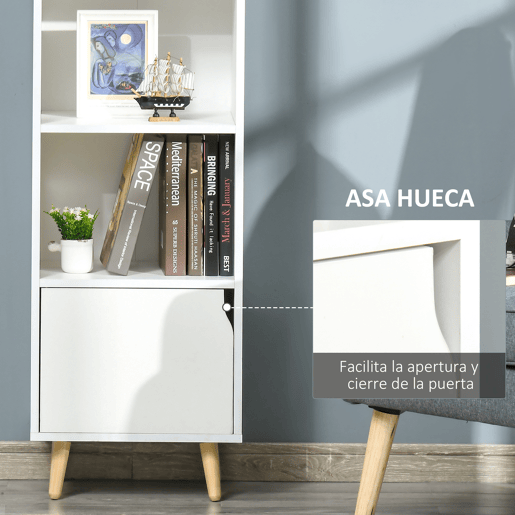 HOMCOM Estante com 3 Prateleiras Abertas e 1 Fechada com Porta Estante de Estilo Moderno para Armazenamento de Livros Brinquedos Plantas 40x30x129,5cm Branco
