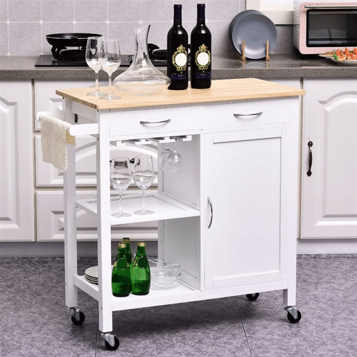 HOMCOM Carrinho de Cozinha Multiusos Carrinho Auxiliar com Rodas Prateleiras Armário e Gavetas para Cozinha 88,5x40x86cm Branco e Madeira Natural