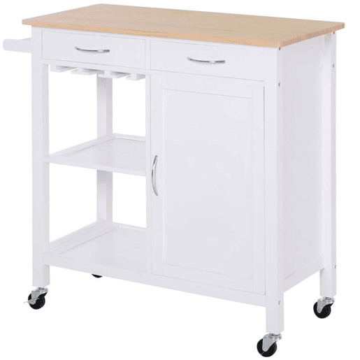 HOMCOM Carrinho de Cozinha Multiusos Carrinho Auxiliar com Rodas Prateleiras Armário e Gavetas para Cozinha 88,5x40x86cm Branco e Madeira Natural