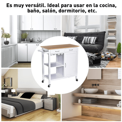 HOMCOM Carrinho de Cozinha Multiusos Carrinho Auxiliar com Rodas Prateleiras Armário e Gavetas para Cozinha 88,5x40x86cm Branco e Madeira Natural